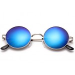 Blue Round Circle Mirror Polarized Lens Silver Frame Vintage Sunglasses